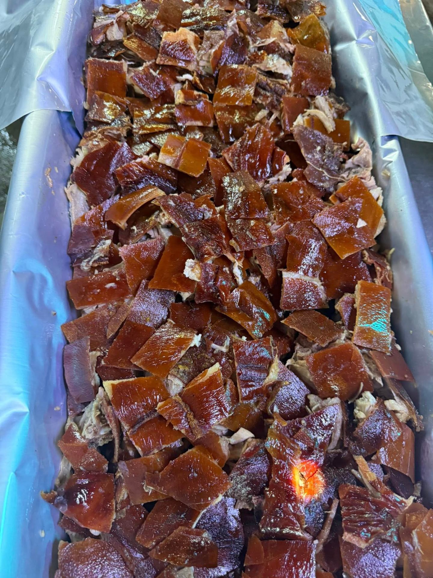 Freshly chopped lechon with golden crispy skin